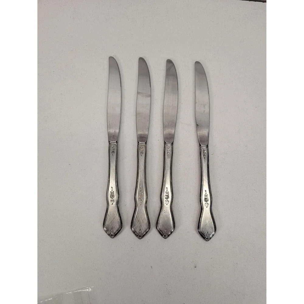 Set Of 4 Silver Floral Handle Dinner Knives Brushed Flatware‎ Table Utensils